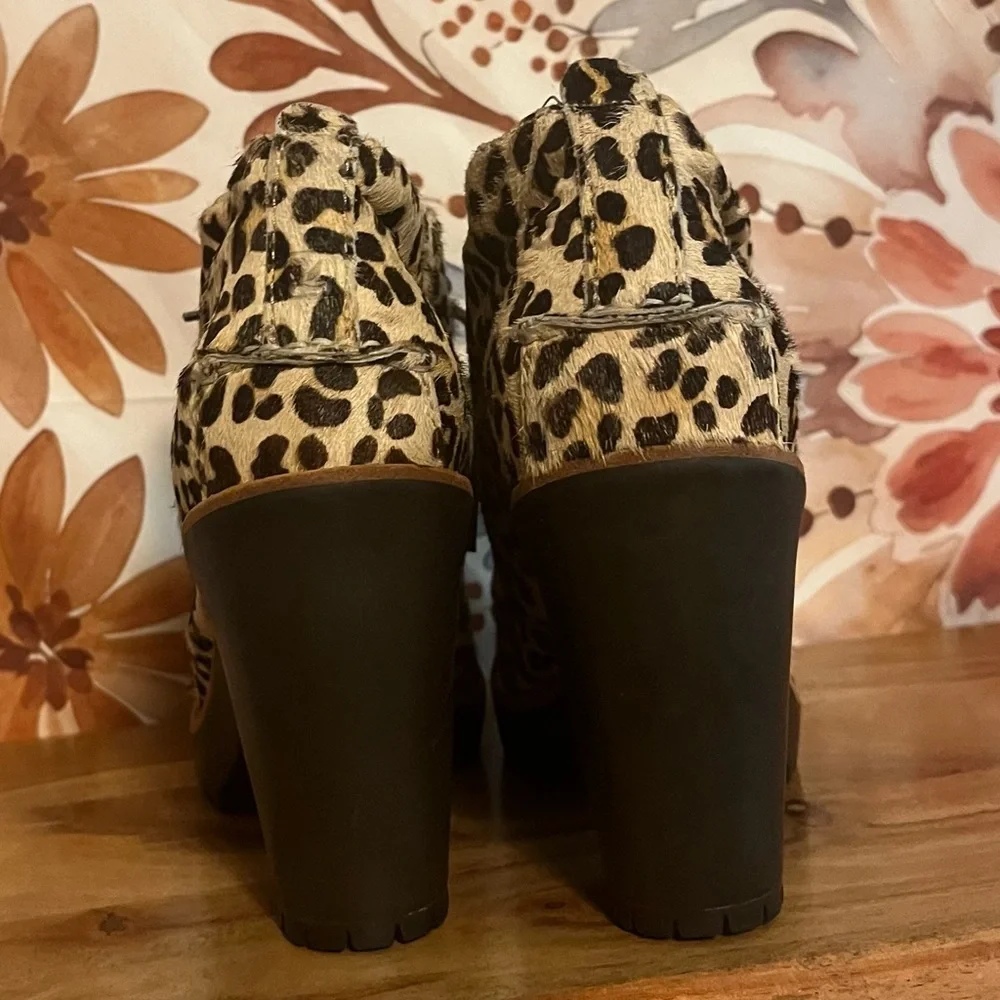 Sperry Princeton Womens 9M Leopard Leather Faux Fur Chunky Heel Fall Booties